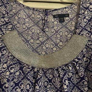 The GAP royal blue and white Blouse with  silver beading/Metallic Detail